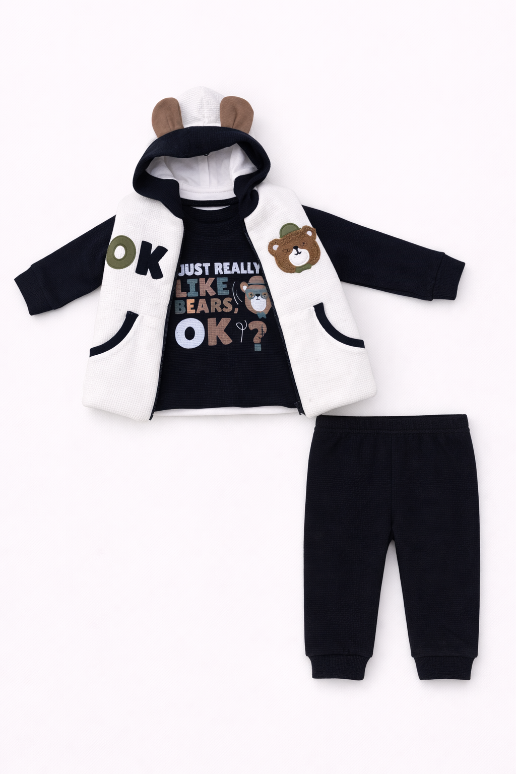 Yeşil Ayıcık Nakışlı 3 Lü Takım ( 9-18-24 Ay )