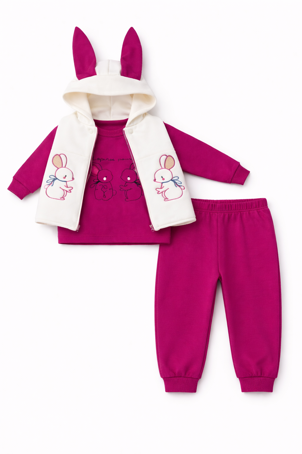 Fuşya Tavşan Nakışlı Kulak Detaylı 3 Lü Takım ( 9-18-24 Ay )