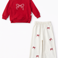 Kırmızı Fiyonk Nakışlı 2 Li Takım ( 2-3-4-5-6 Yaş )