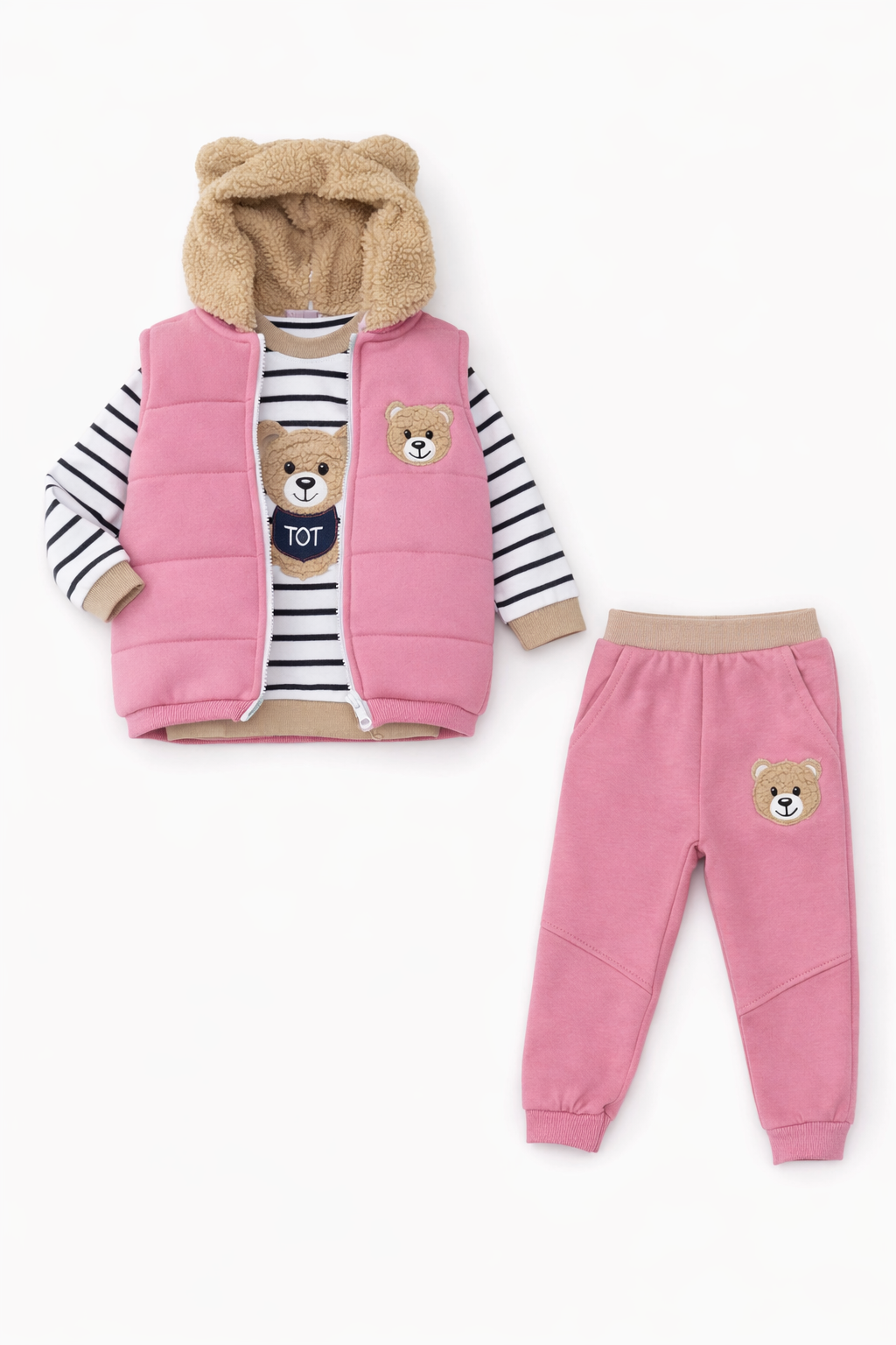 Koyu Pembe Ayıcık Nakışlı 3 Lü Takım ( 2-3-4 Yaş)