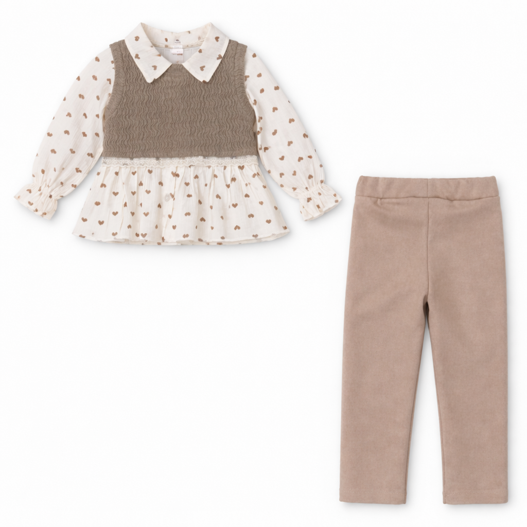 Krem Kadife Pantolonlu Süveterli 3 Lü Takım ( 2-3-4-5-6 Yaş )