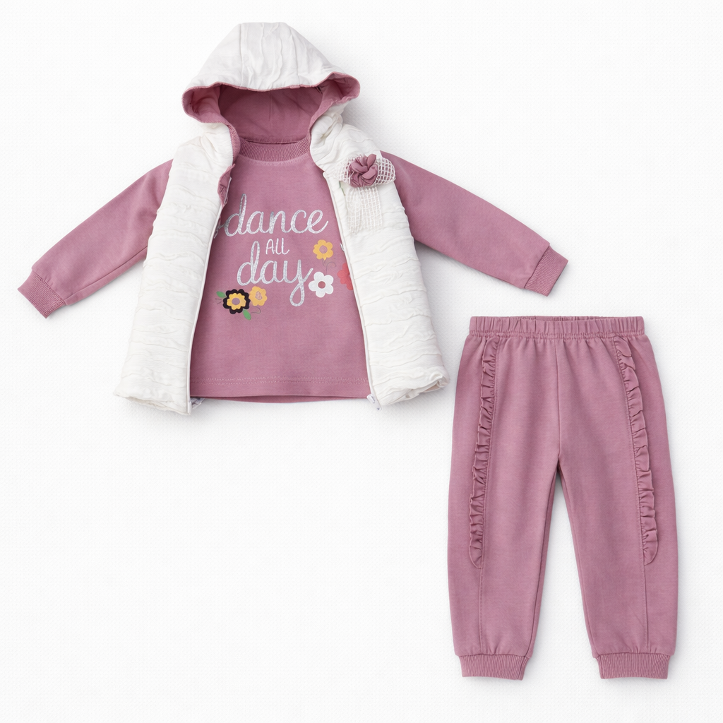 Gül Kurusu Fırfır Detaylı Çiçekli Takım ( 2-3-4-5 Yaş )