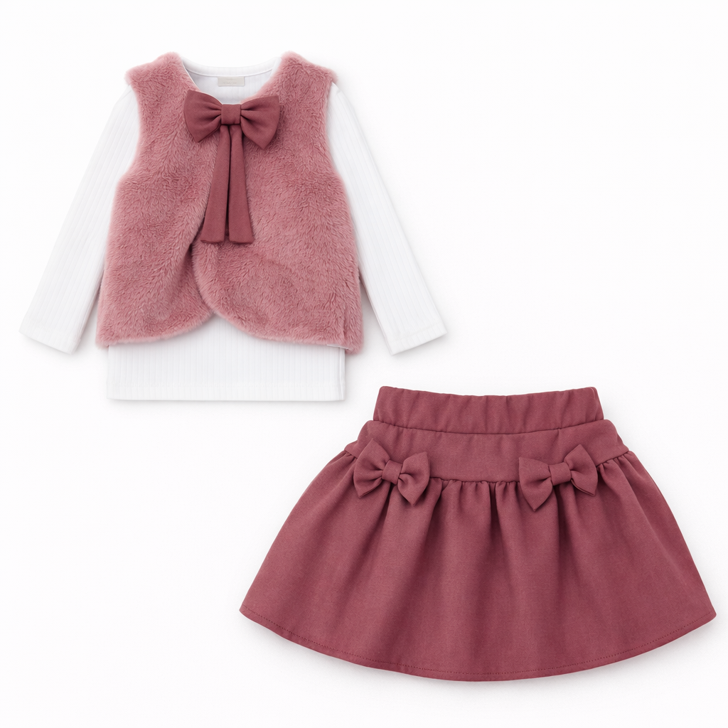 Gül Kurusu Kadife Etekli Peluş Yelekli 3 Lü Takım