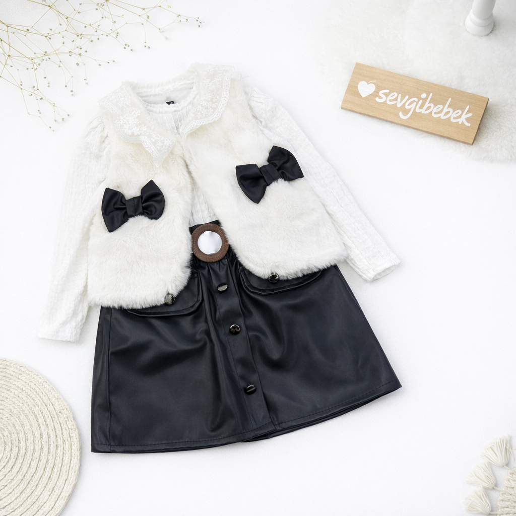 Yeşil Deri Etekli Dantel Yakalı 3 Lü Takım (2-3-4-5 Yaş )