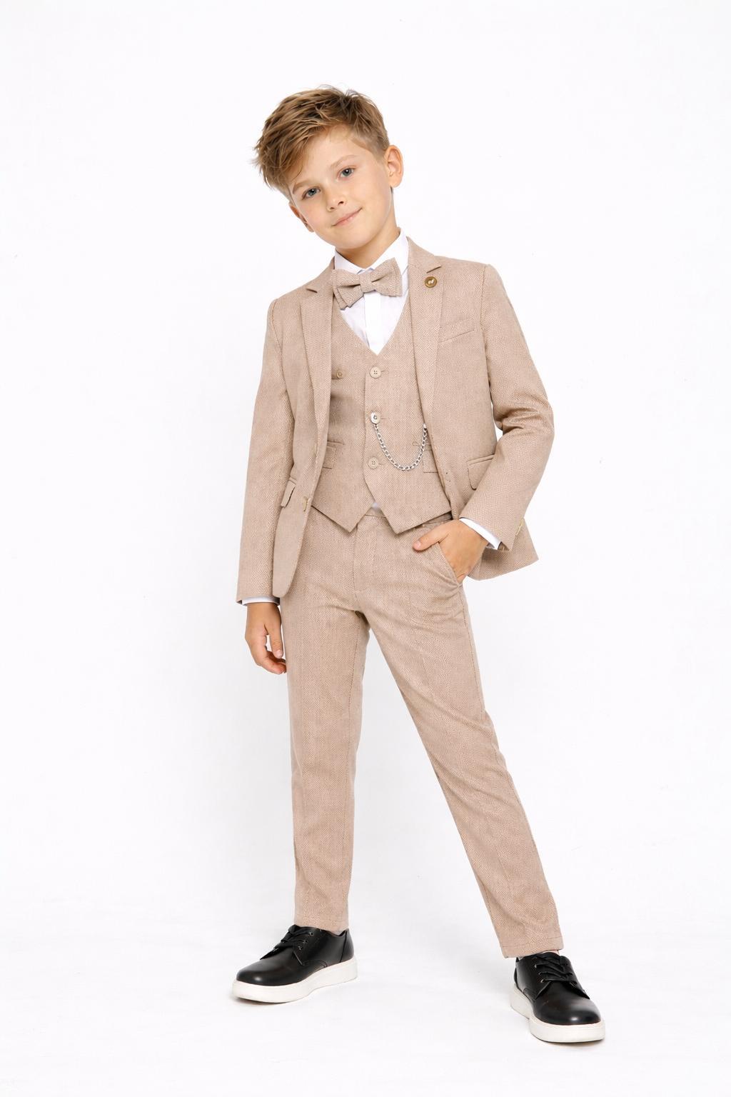 Krem Ceketli Yelekli Papyonlu Zincirli Full Set Takım (2-3-4-5-6-7-8-9-10-11-12-13 Yaş)