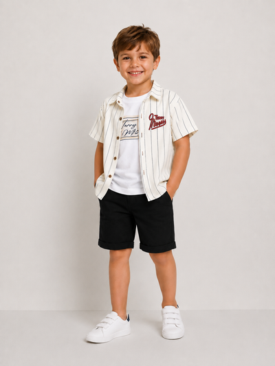 Siyah Keten Gömlekli Şortlu T-Shirtlü 3 Lü Takım (2-3-4-5-6-7-8-9 Yaş )