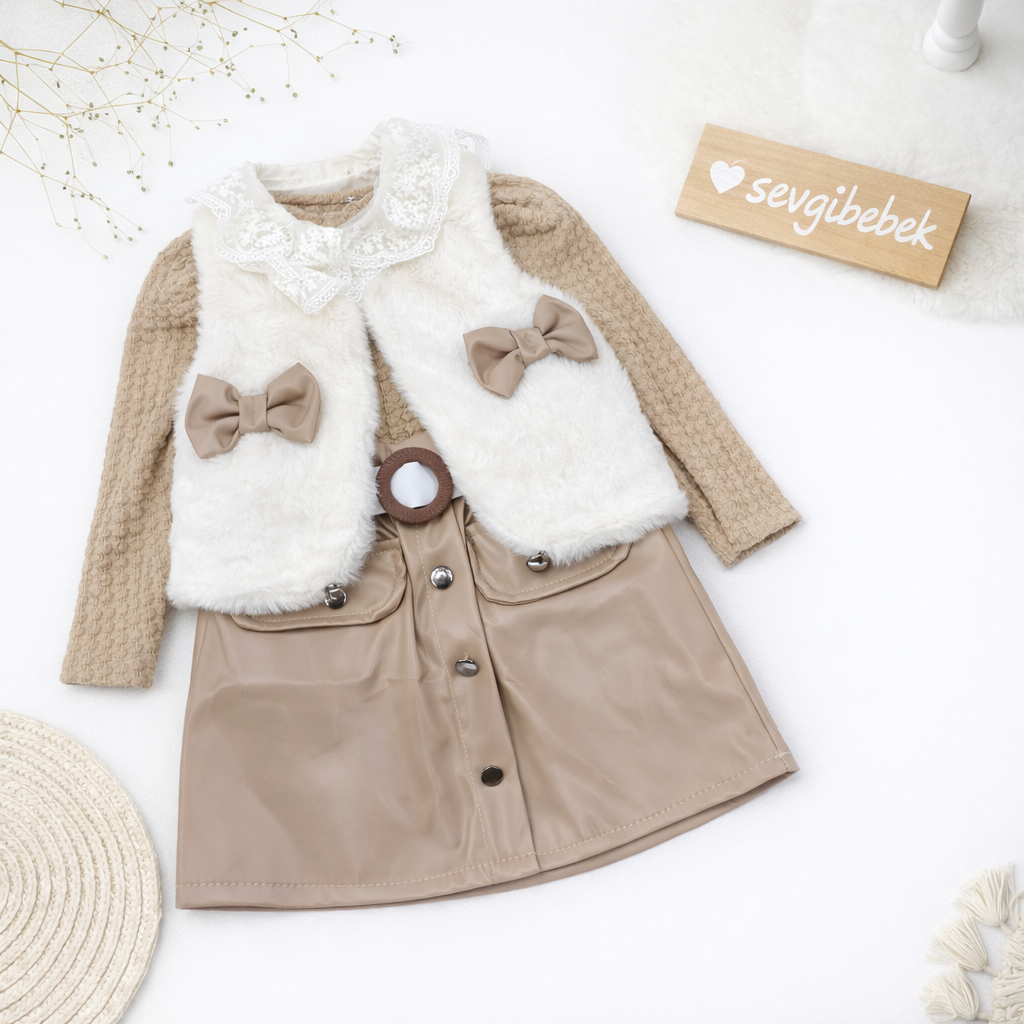 Yeşil Deri Etekli Dantel Yakalı 3 Lü Takım (2-3-4-5 Yaş )