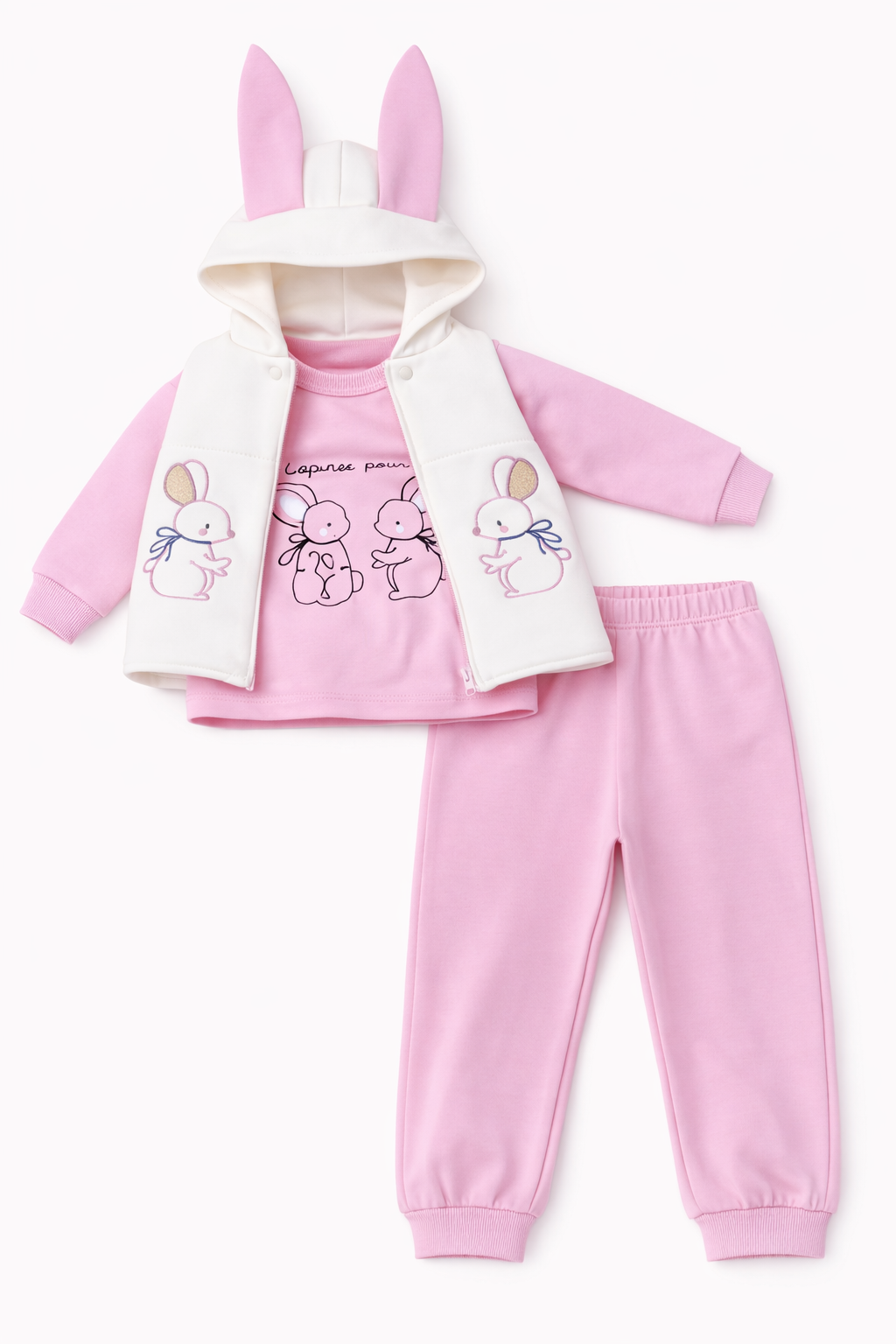 Koyu Pembe Tavşan Nakışlı Kulak Detaylı 3 Lü Takım ( 9-18-24 Ay )