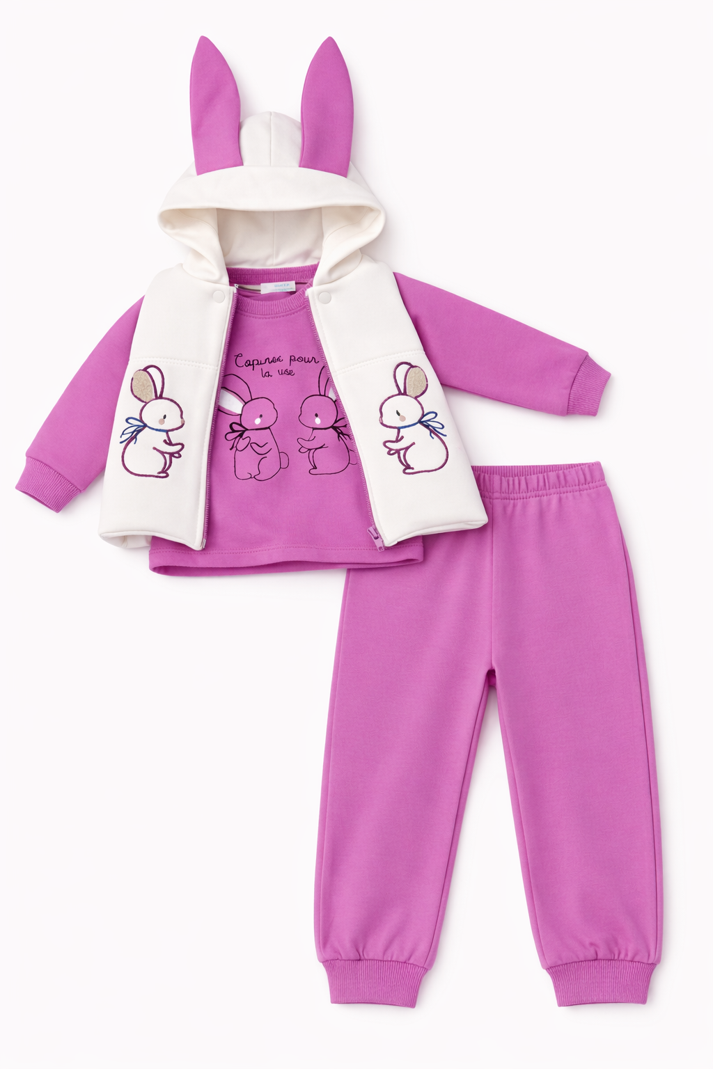 Gül Kurusu Tavşan Nakışlı Kulak Detaylı 3 Lü Takım ( 9-18-24 Ay )