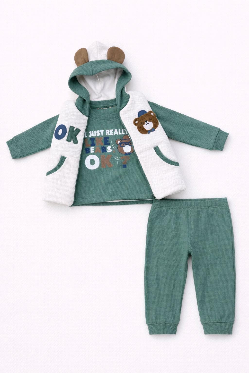 Yeşil Ayıcık Nakışlı 3 Lü Takım ( 9-18-24 Ay )