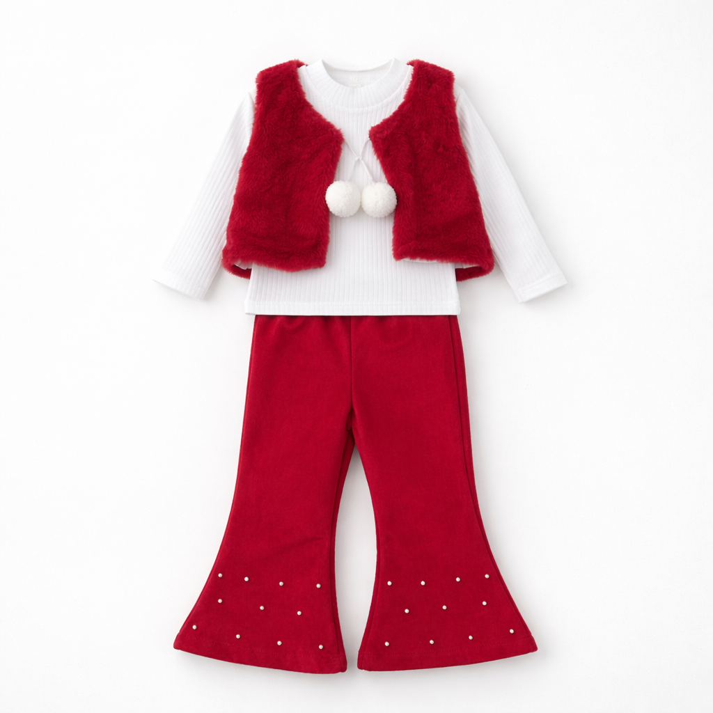 Kırmızı Peluş Yelekli 3 Lü Takım (2-3-4-5-6 Yaş )
