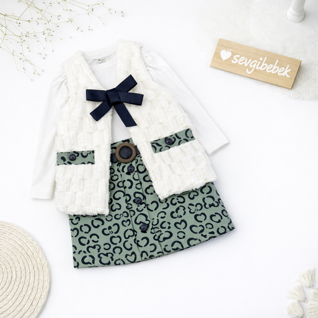 Pembe Kalp Desenli Etekli 3 Lü Takım (2-3-4-5 Yaş )