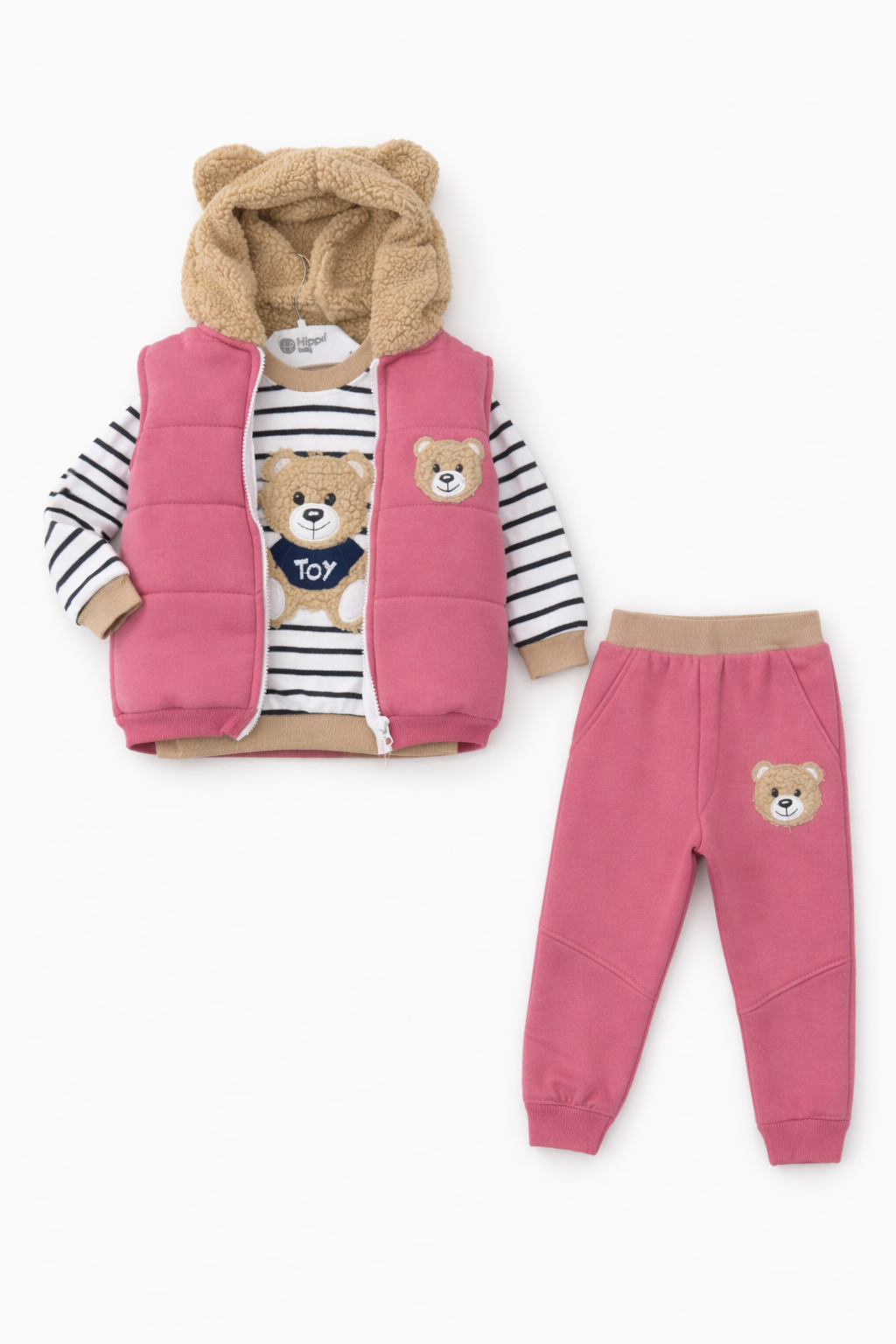 Koyu Pembe Ayıcık Nakışlı 3 Lü Takım ( 2-3-4 Yaş)
