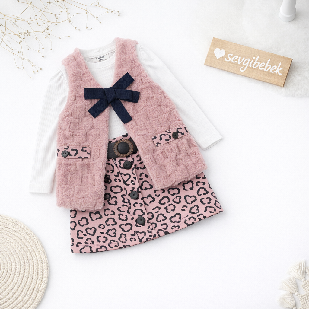 Pembe Kalp Desenli Etekli 3 Lü Takım (2-3-4-5 Yaş )