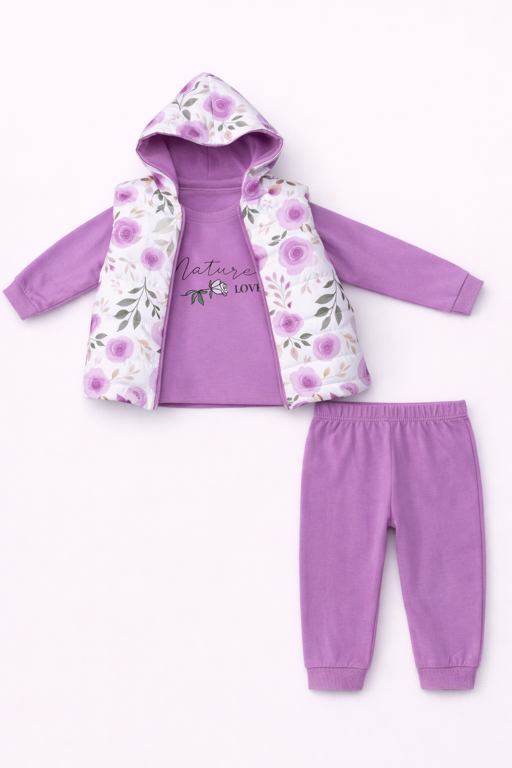 Pudra Gül Desenli 3 Lü Takım ( 1-2-3 Yaş )