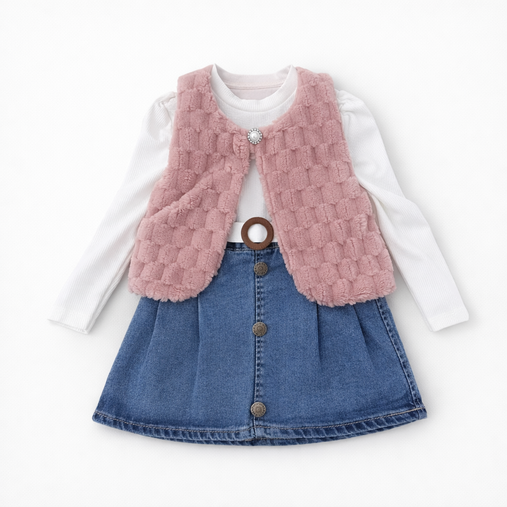 Beyaz Kot Etekli 3 Lü Takım (2-3-4-5 Yaş)