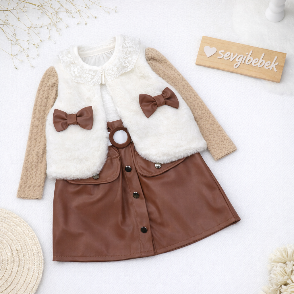 Kahve Deri Etekli Dantel Yakalı 3 Lü Takım (2-3-4-5 Yaş )