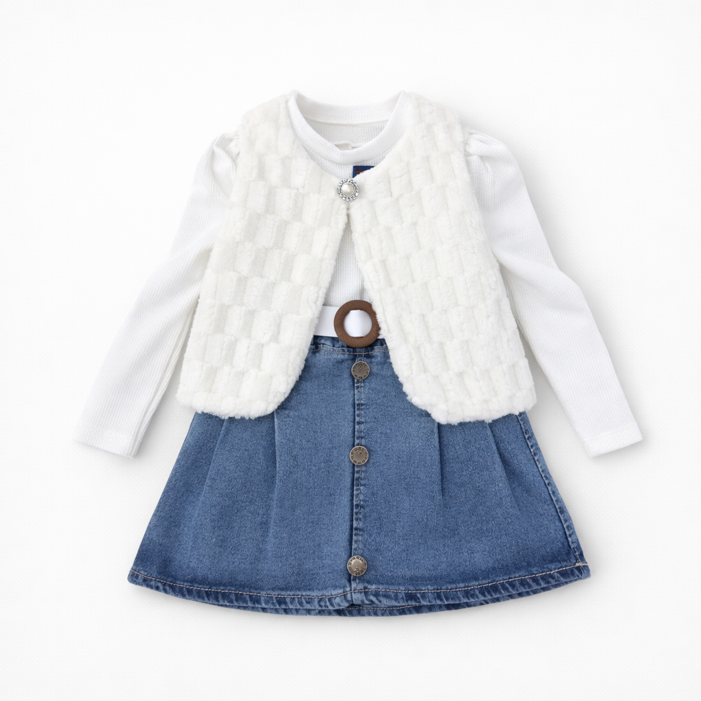 Beyaz Kot Etekli 3 Lü Takım (2-3-4-5 Yaş)