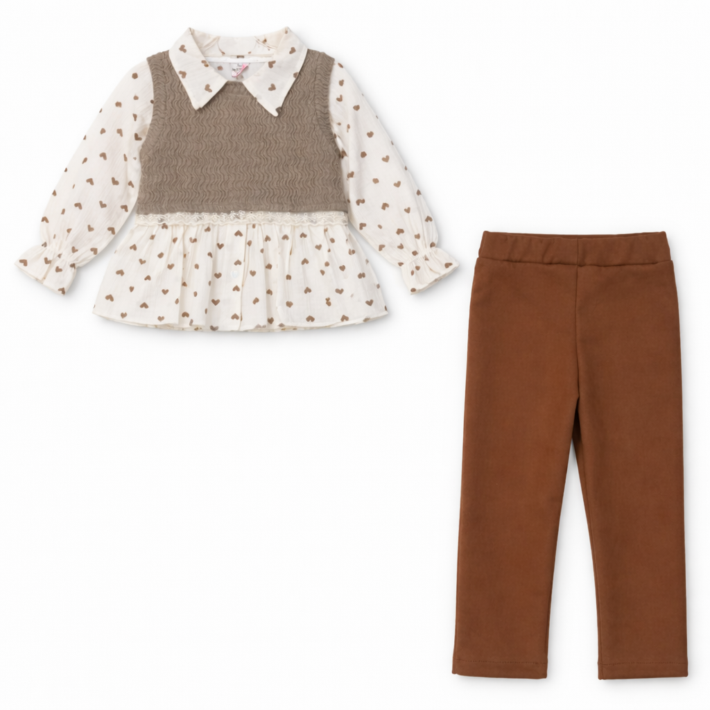 Gül Kurusu Kadife Pantolonlu Süveterli 3 Lü Takım ( 2-3-4-5-6 Yaş )