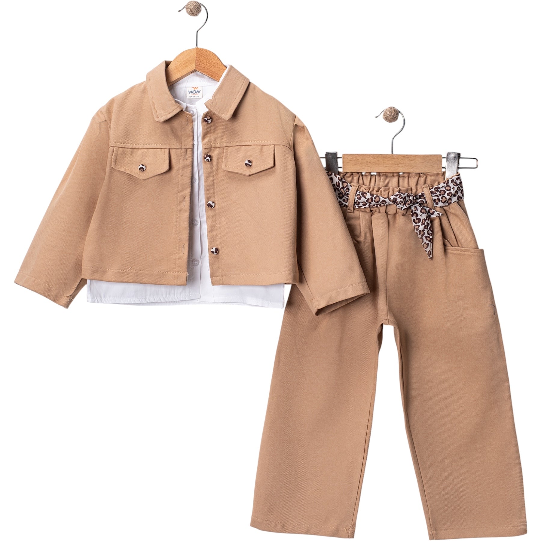Kahve Gabardin Leopar Kemer Detaylı 3 Lü Takım (2-3-4-5 Yaş)