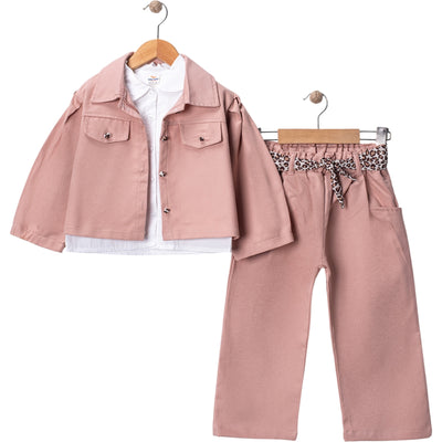 Pembe Gabardin Leopar Kemer Detaylı 3 Lü Takım (2-3-4-5 Yaş)