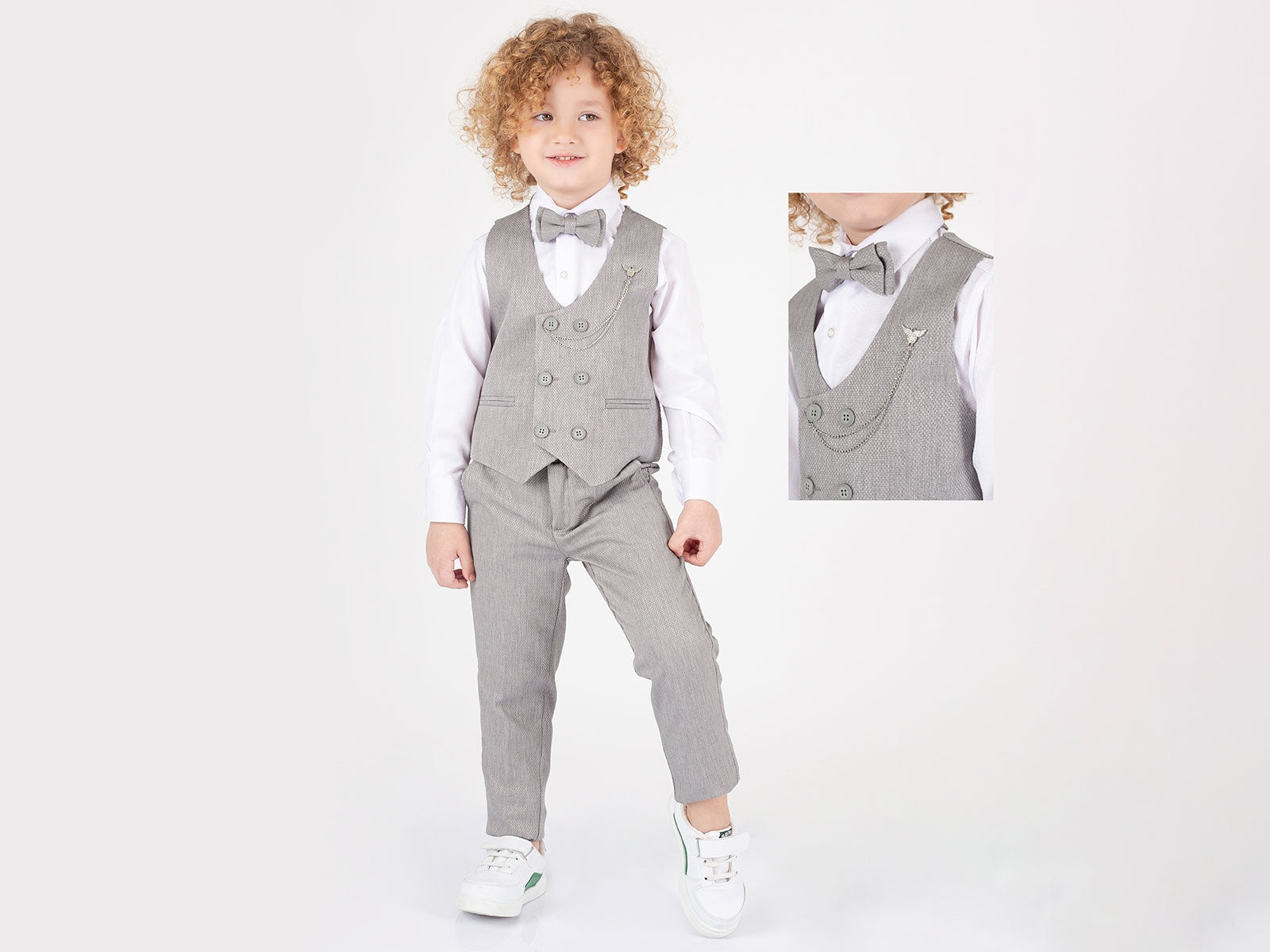 Gri Yelekli Papyonlu 3 Lü Takım (2-3-4-5-6-7-8-9-10-11-12-13 Yaş )