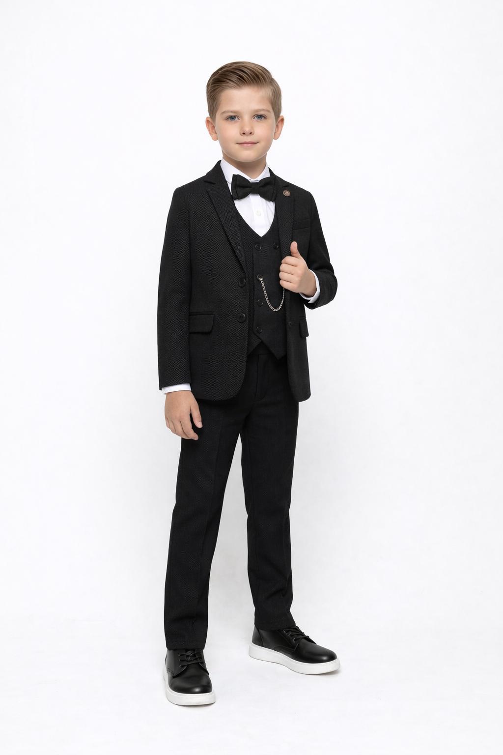 Siyah Ceketli Yelekli Papyonlu Zincirli Full Set Takım (2-3-4-5-6-7-8-9-10-11-12-13 Yaş)
