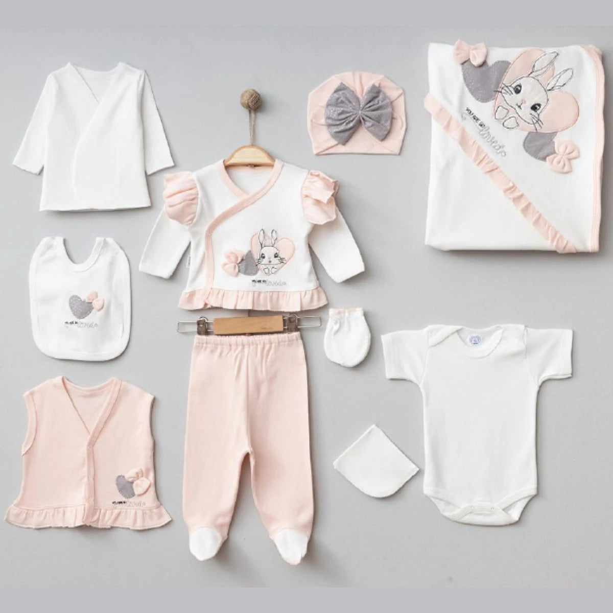 Kız Bebek 0-3 Ay Kalpli Tavşanlı 10Lu Hastane Çıkış Seti